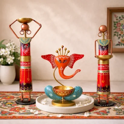 ganesh diya and tribal leady candle holder set